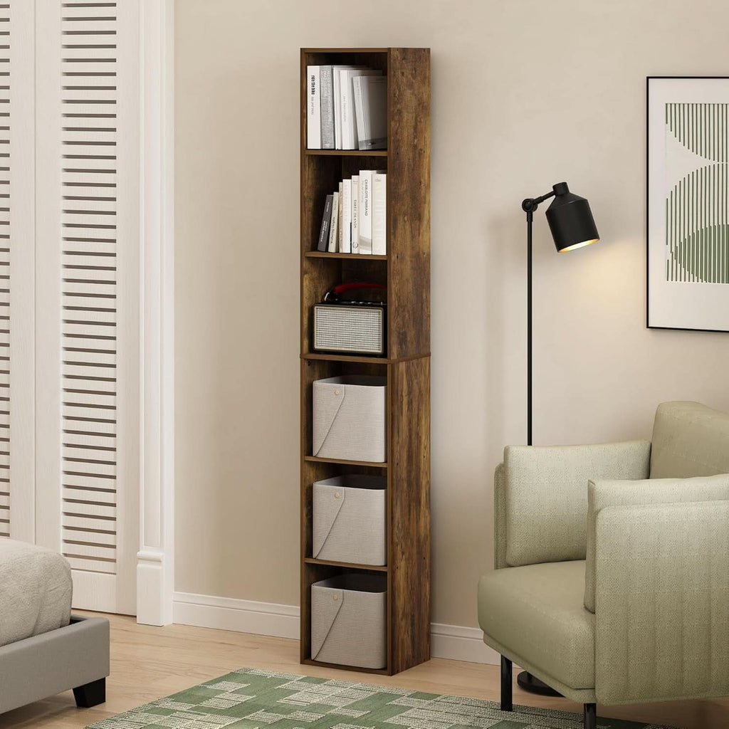 Amber Pine six-tier tall narrow bookcase holding books and decor in a living room corner — view 2