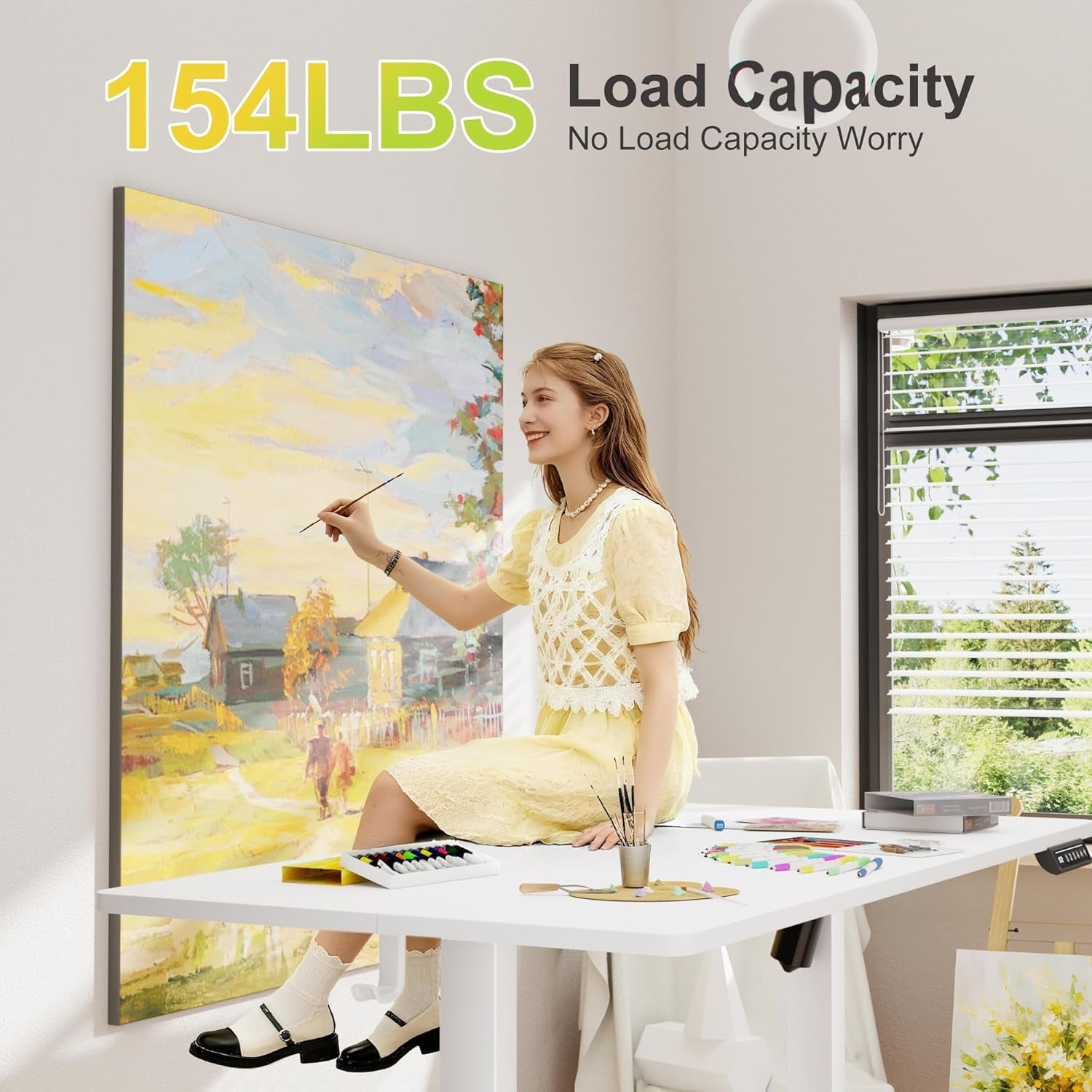 White electric standing desk with adjustable height steel frame and spacious eco-friendly desktop. — view 5