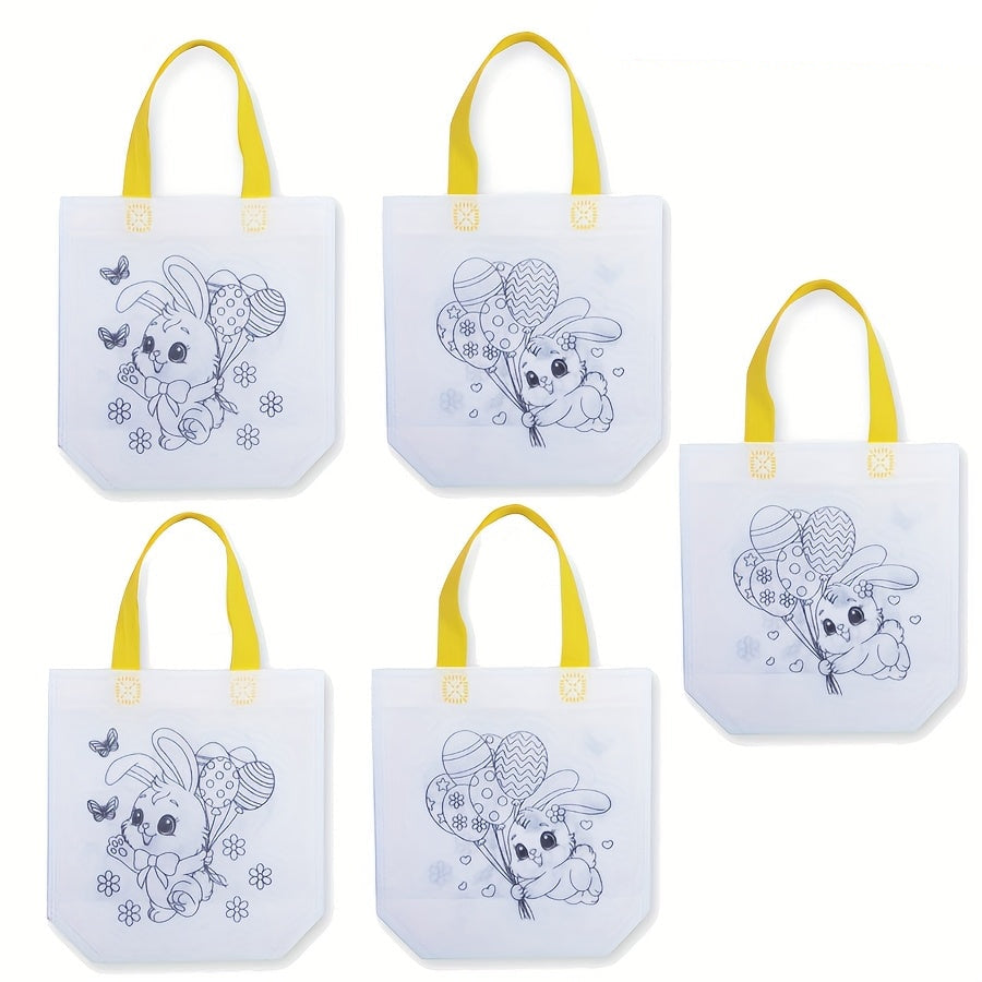 Five colorful reusable Easter tote bags featuring cute bunny and egg designs with sturdy carry handles