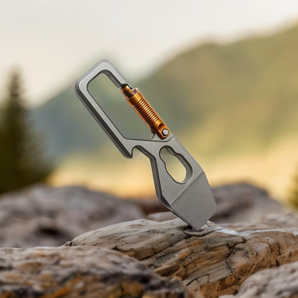 Titanium multi-tool carabiner in metallic silver, designed for outdoor camping and heavy-duty everyday carry