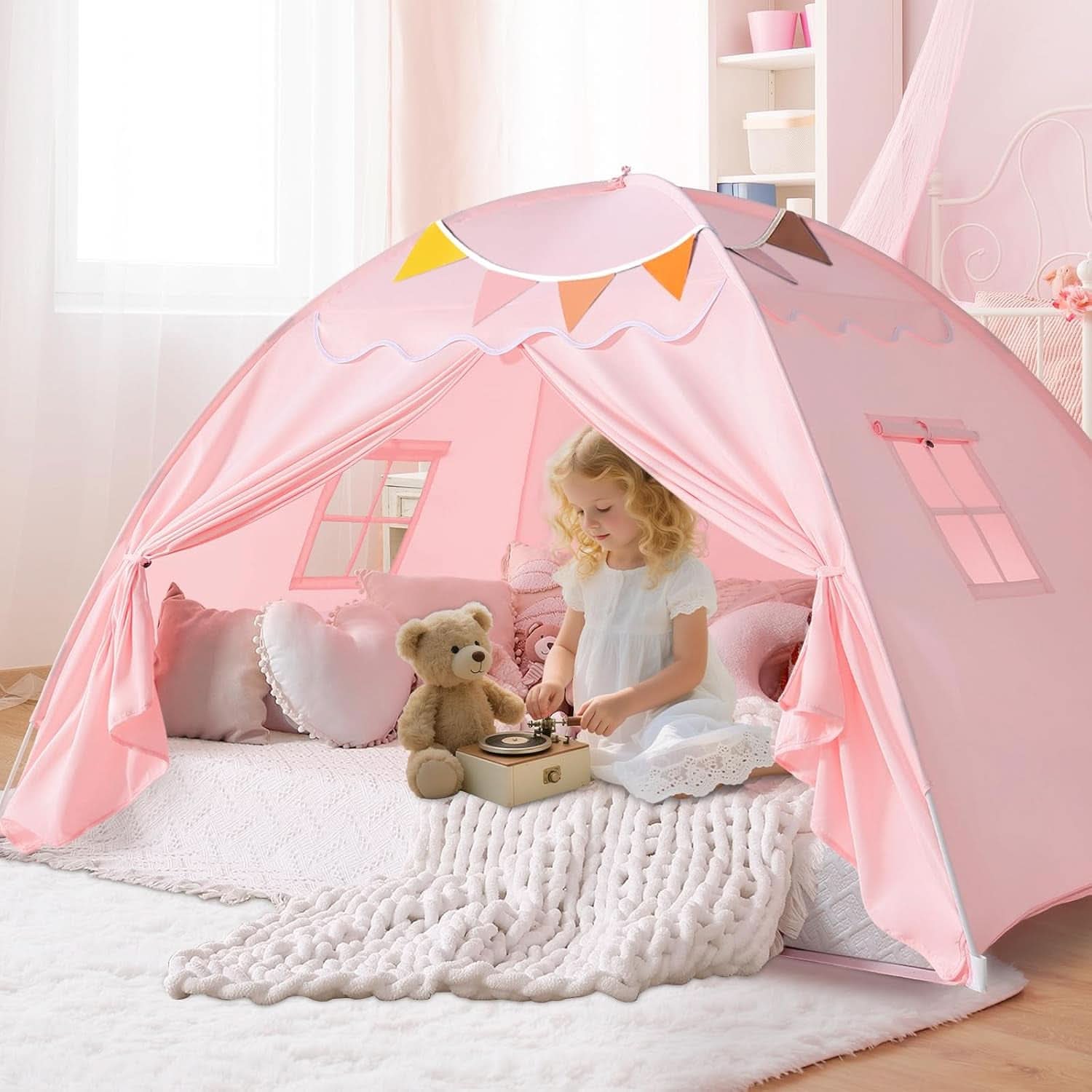Pink toddler bed tent canopy over a twin mattress, with starry night lights and tieback doors — view 2
