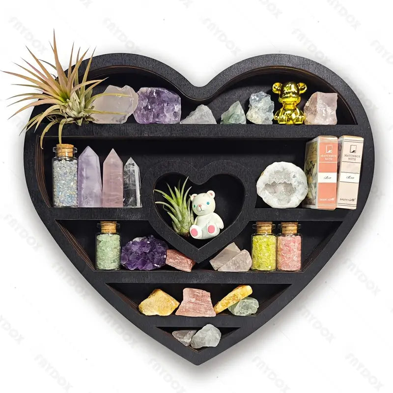 Double loving heart vintage wood floating display shelf for crystals and spiritual decor pieces