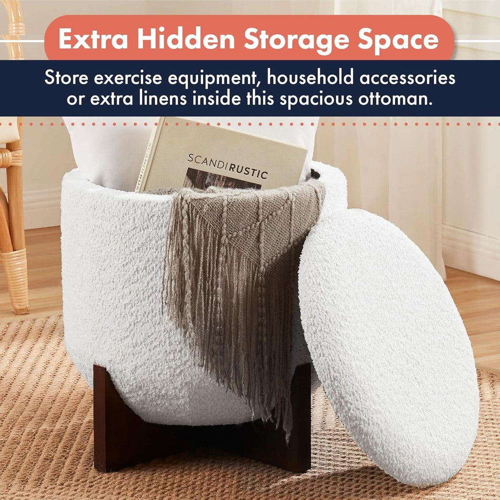 White round boucle fabric ottoman with wooden legs and concealed storage compartment for living rooms — view 3