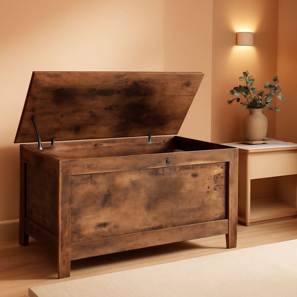 Rustic brown wooden storage bench and toy box featuring safety hinges and decorative side rings.