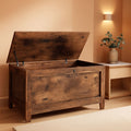 Rustic brown wooden storage bench and toy box featuring safety hinges and decorative side rings.