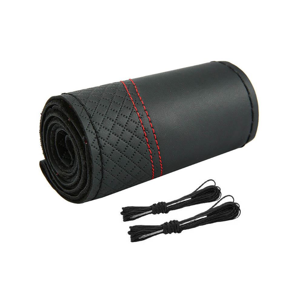 Premium black leather steering wheel cover with red stitching and DIY sewing needles