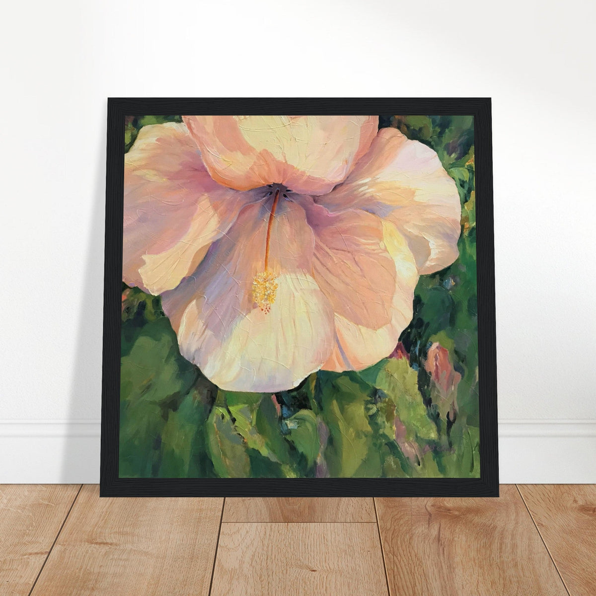'Pink Hibiscus' Floral | 12x12 inch Wooden Framed Art Print | Original Artwork by American Artist Barbara Cleary-0