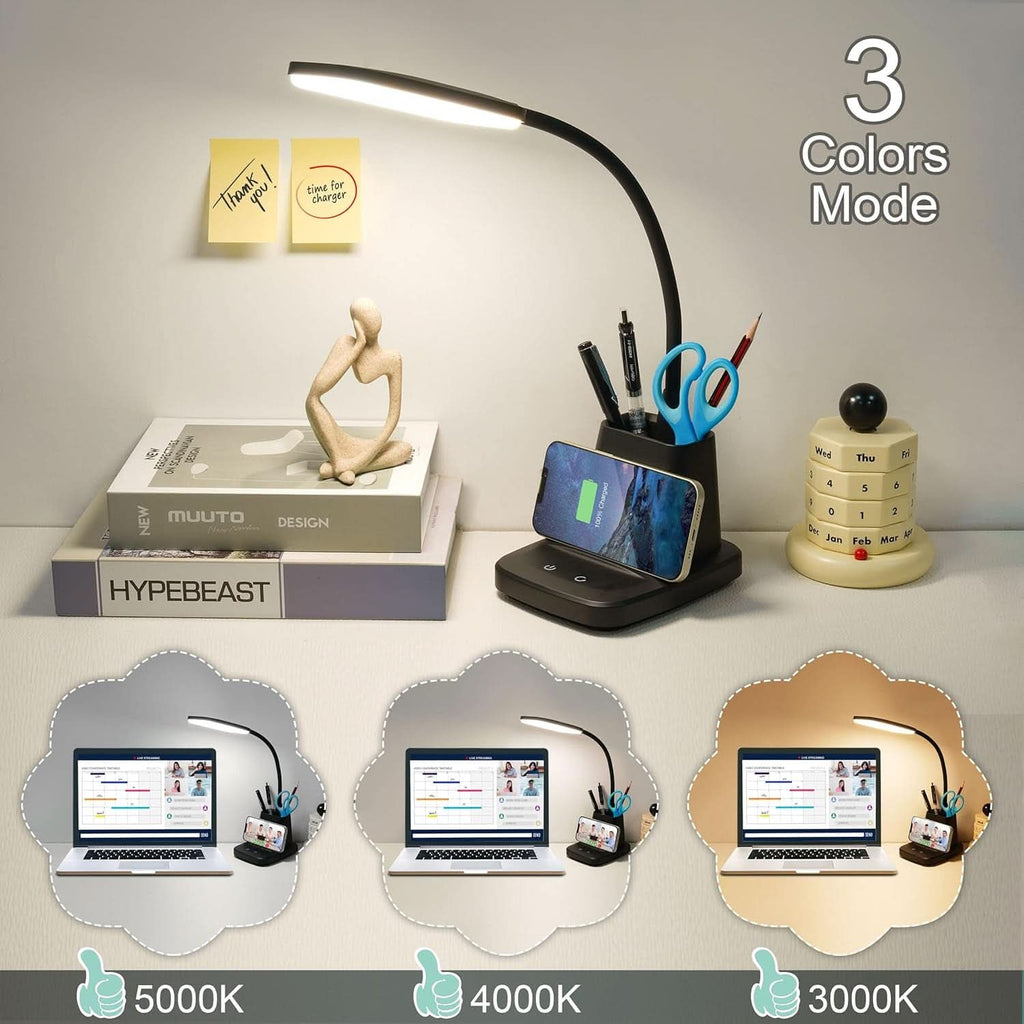 Black LED desk lamp with wireless charger base, pen holder, and flexible gooseneck. — view 3
