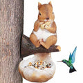 Rustic woodland squirrel bird feeder crafted from weather-resistant resin for outdoor backyard garden decor.