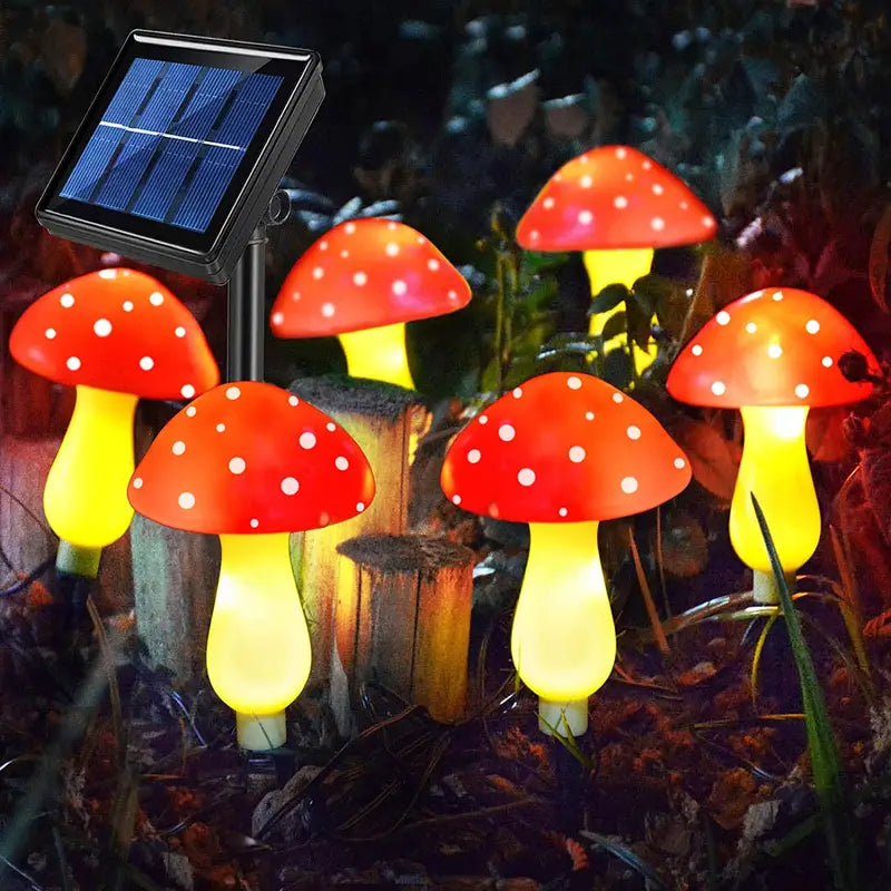 Set of 8 red solar mushroom garden lights with ground stakes for outdoor pathway decoration — view 4