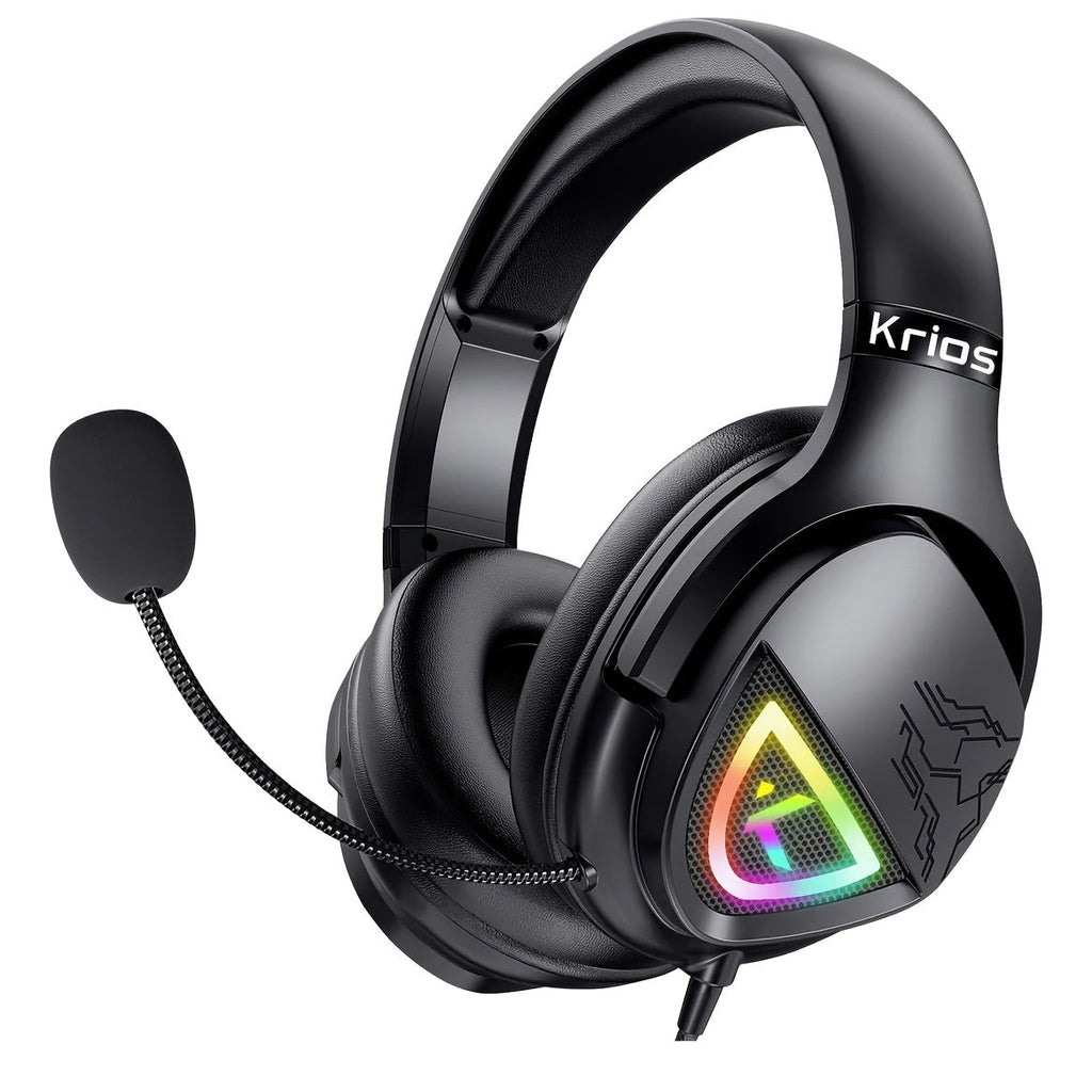 Black NNETM wired gaming headset with LED lights, microphone, and soft faux leather ear pads