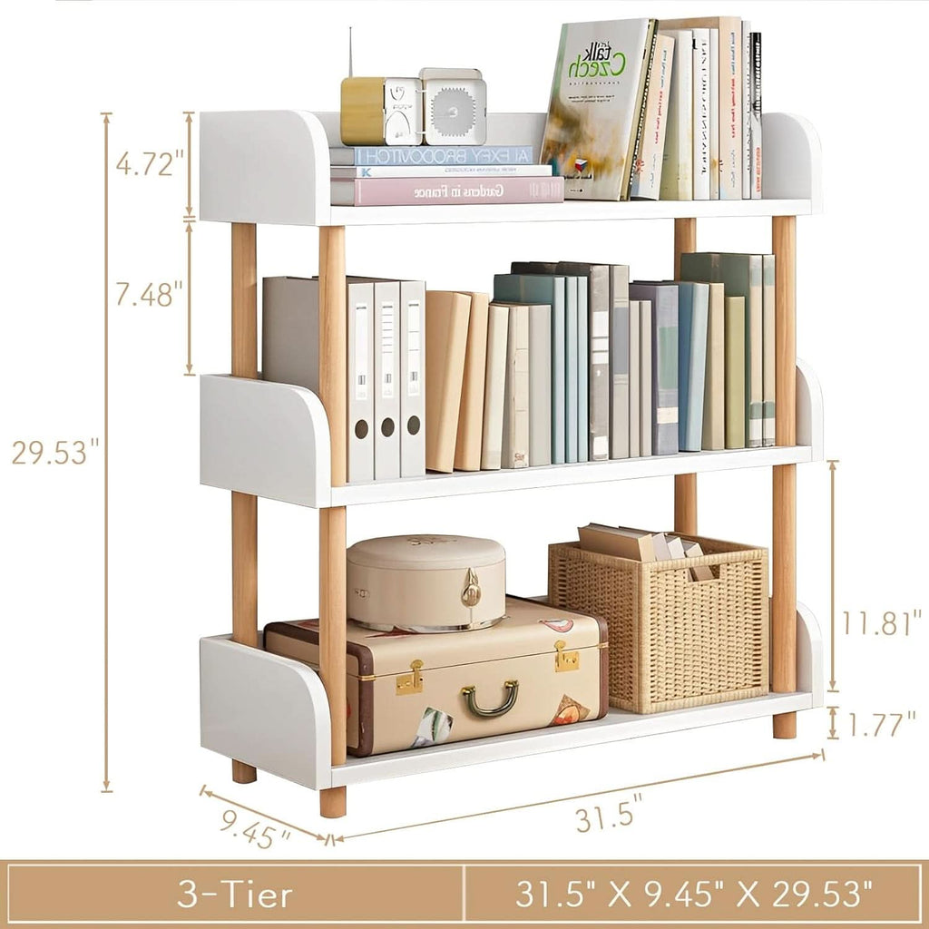 3 tier wooden open bookcase in warm white and oak finish with solid wood legs. — view 2