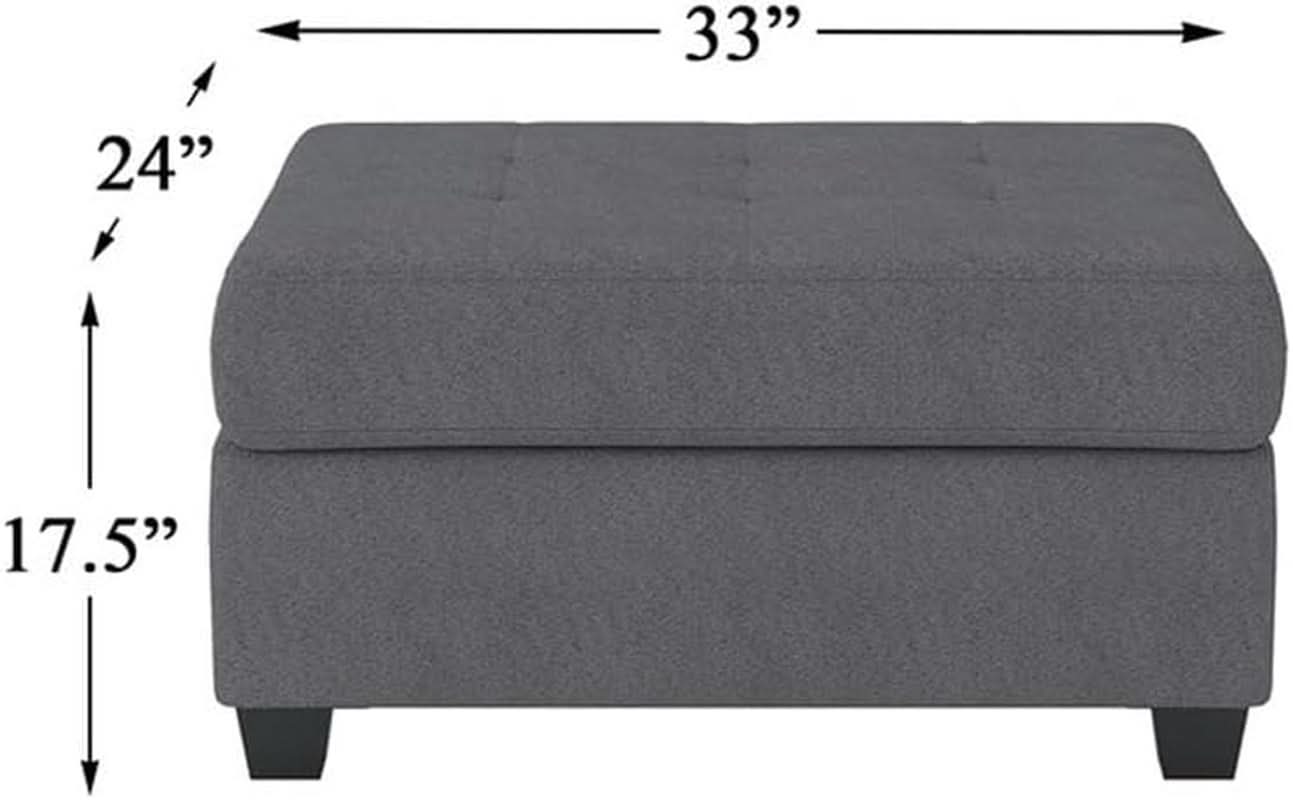 Dark gray microfiber storage ottoman with tufted top and faux wood feet — view 2