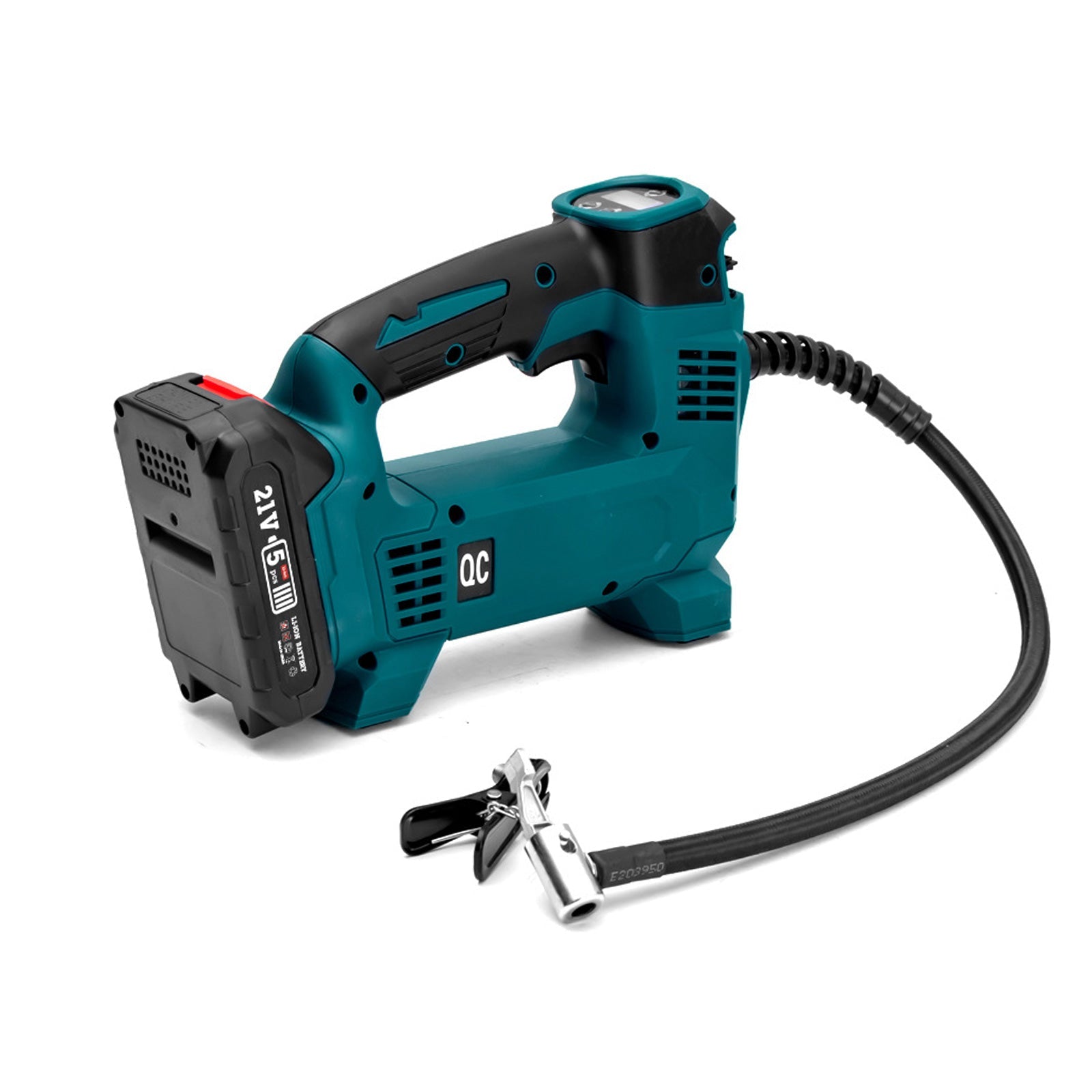 Black cordless portable tyre inflator pump with digital display, battery, charger, and multiple nozzle adapters