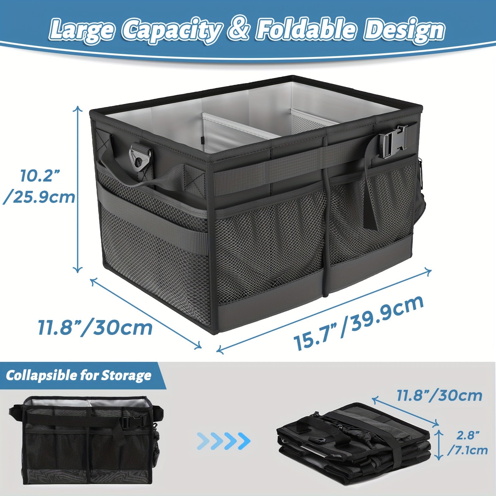 Black fabric collapsible BBQ grill caddy with built-in paper towel holder and large storage pockets — view 2