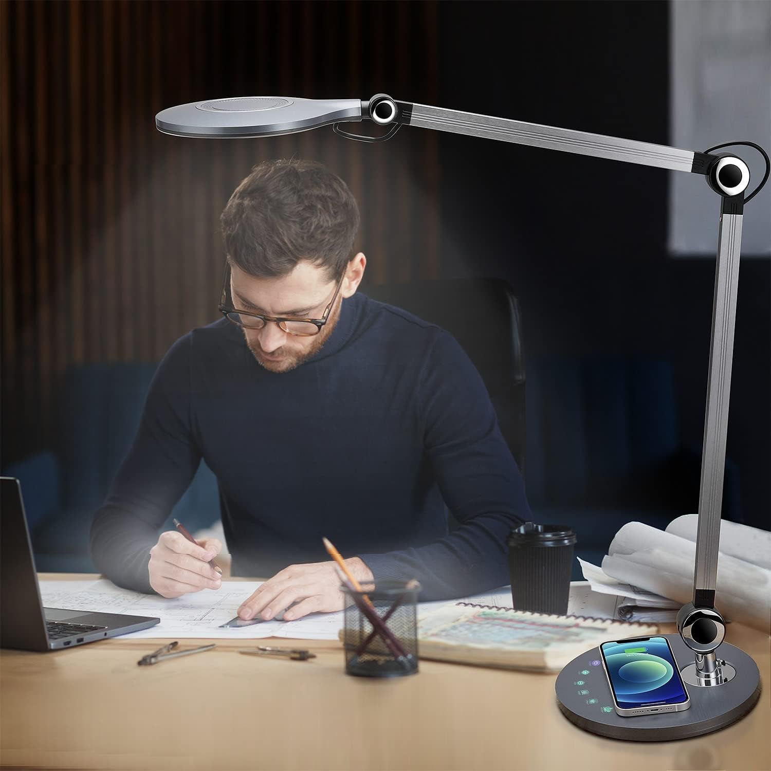 Modern metal LED professional desk lamp with adjustable swing arm and integrated wireless charging base — view 2