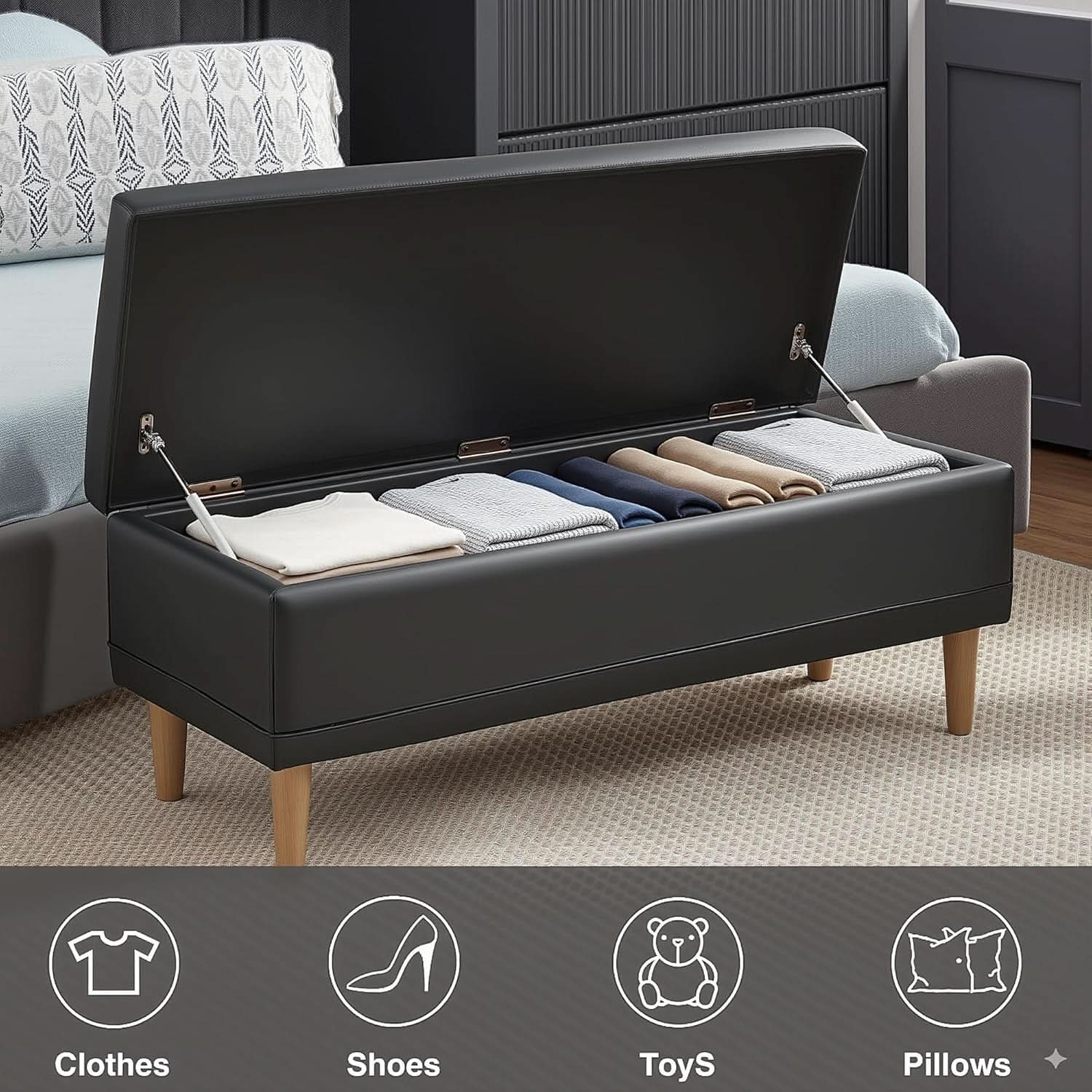 Black 44.5-inch PU leather storage ottoman with solid wood legs and open lid showing interior. — view 4