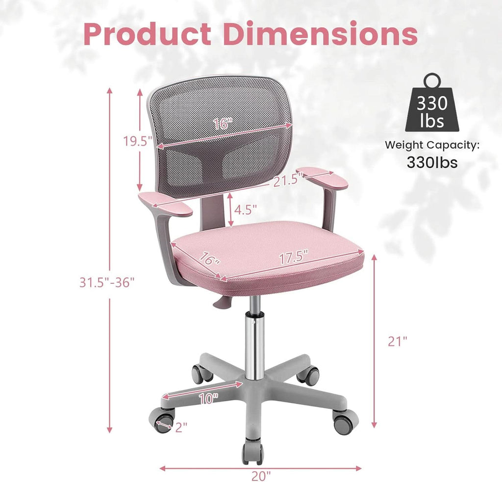 Ergonomic pink kids desk chair with breathable mesh back, lumbar support, and rolling casters. — view 3