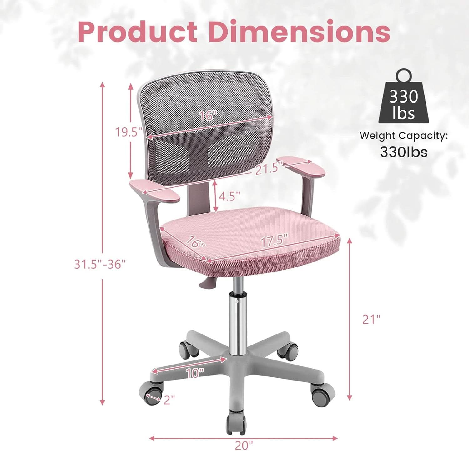 Ergonomic pink kids desk chair with breathable mesh back, lumbar support, and rolling casters. — view 3
