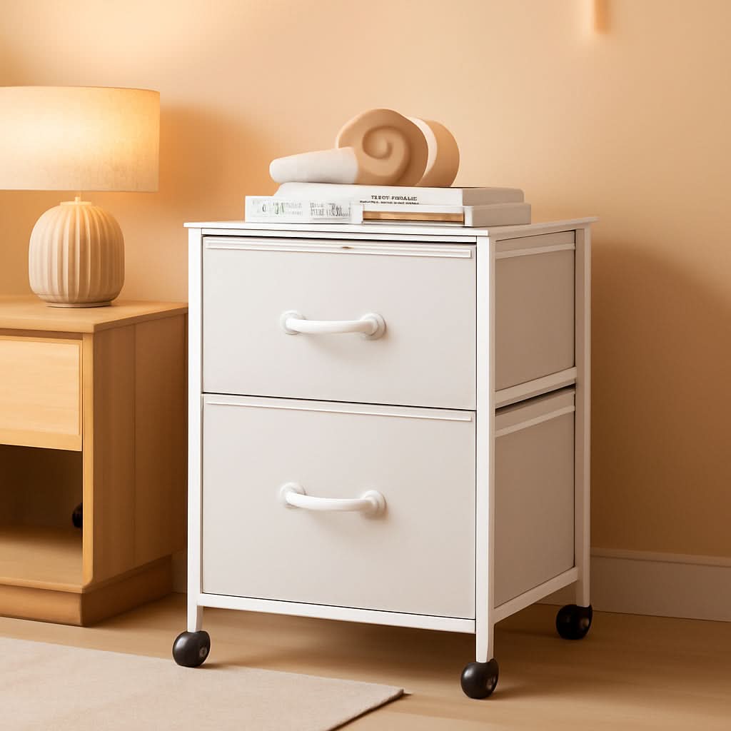 White 2-drawer vertical filing cabinet and mobile printer stand with wooden top and fabric drawers