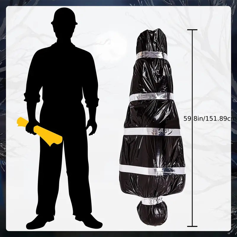 Bag of Dread scary fake corpse Halloween prop wrapped in black bag with silver tape — view 3