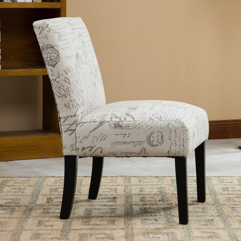 Armless upholstered accent chair with script print pattern and dark espresso wood legs — view 3