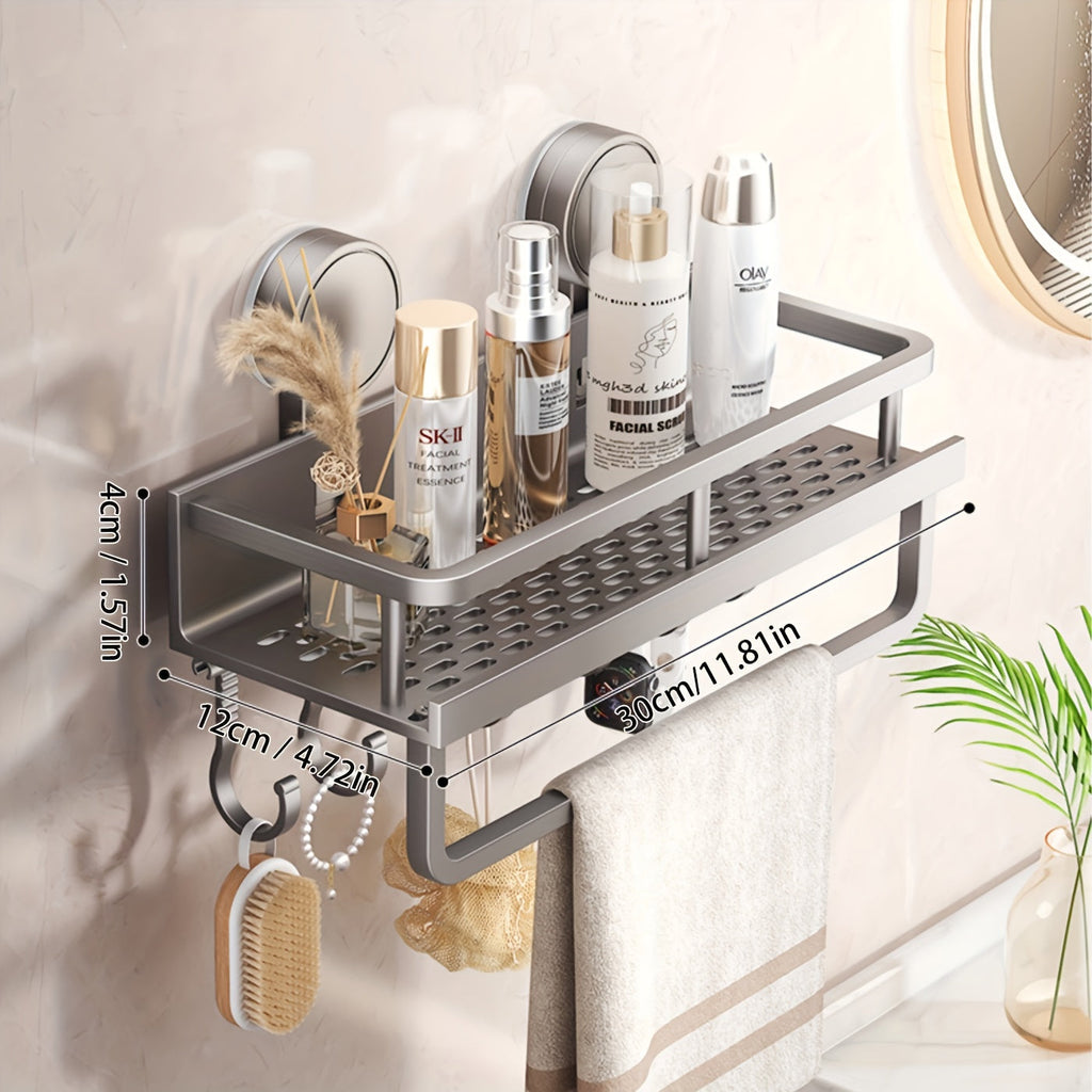 Rustproof wall mounted shower caddy with suction cups and towel hooks holding bathroom products — view 5