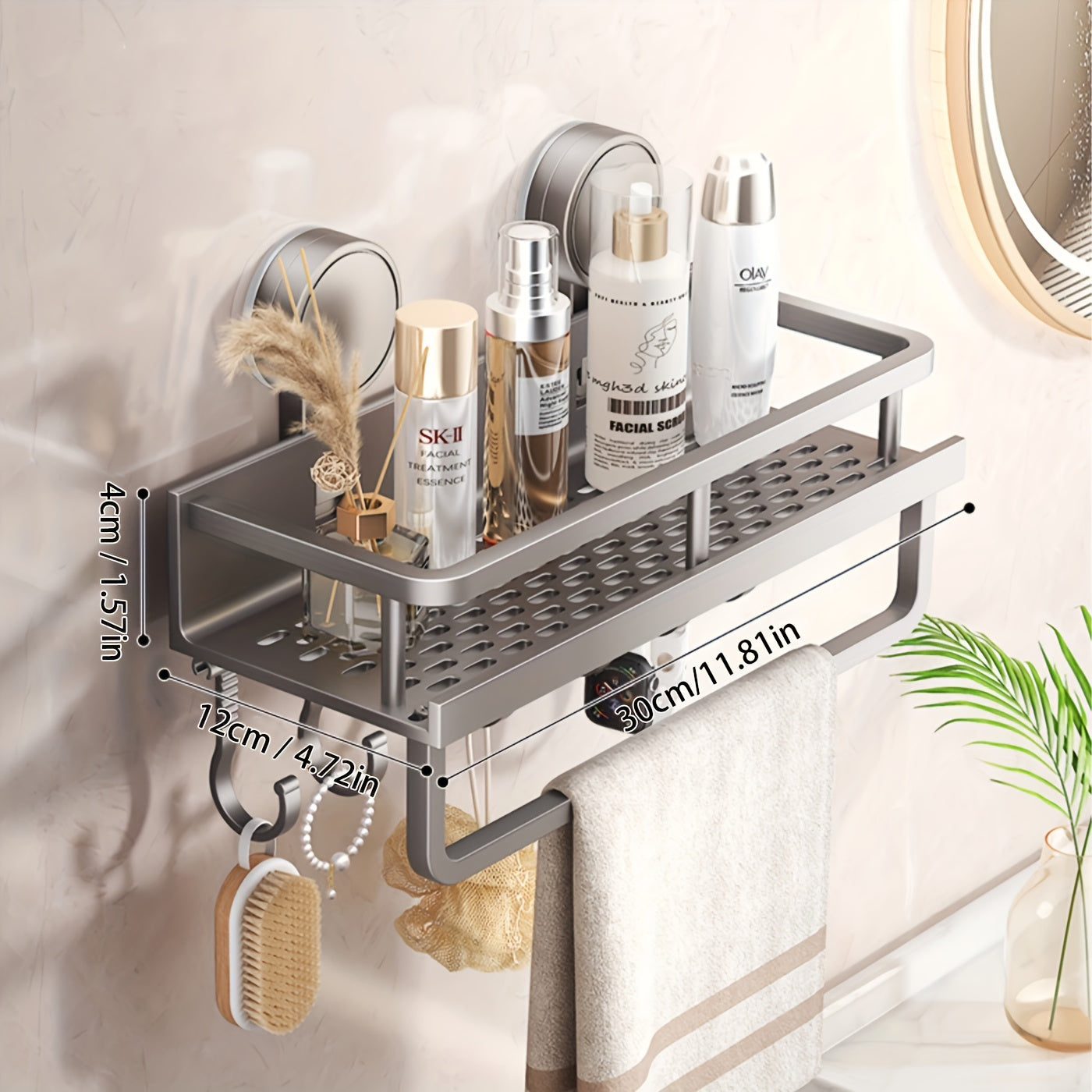 Rustproof wall mounted shower caddy with suction cups and towel hooks holding bathroom products — view 5