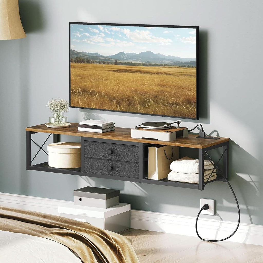 Rustic brown wall mounted TV stand with charging station, mesh shelves, and fabric drawers — view 3