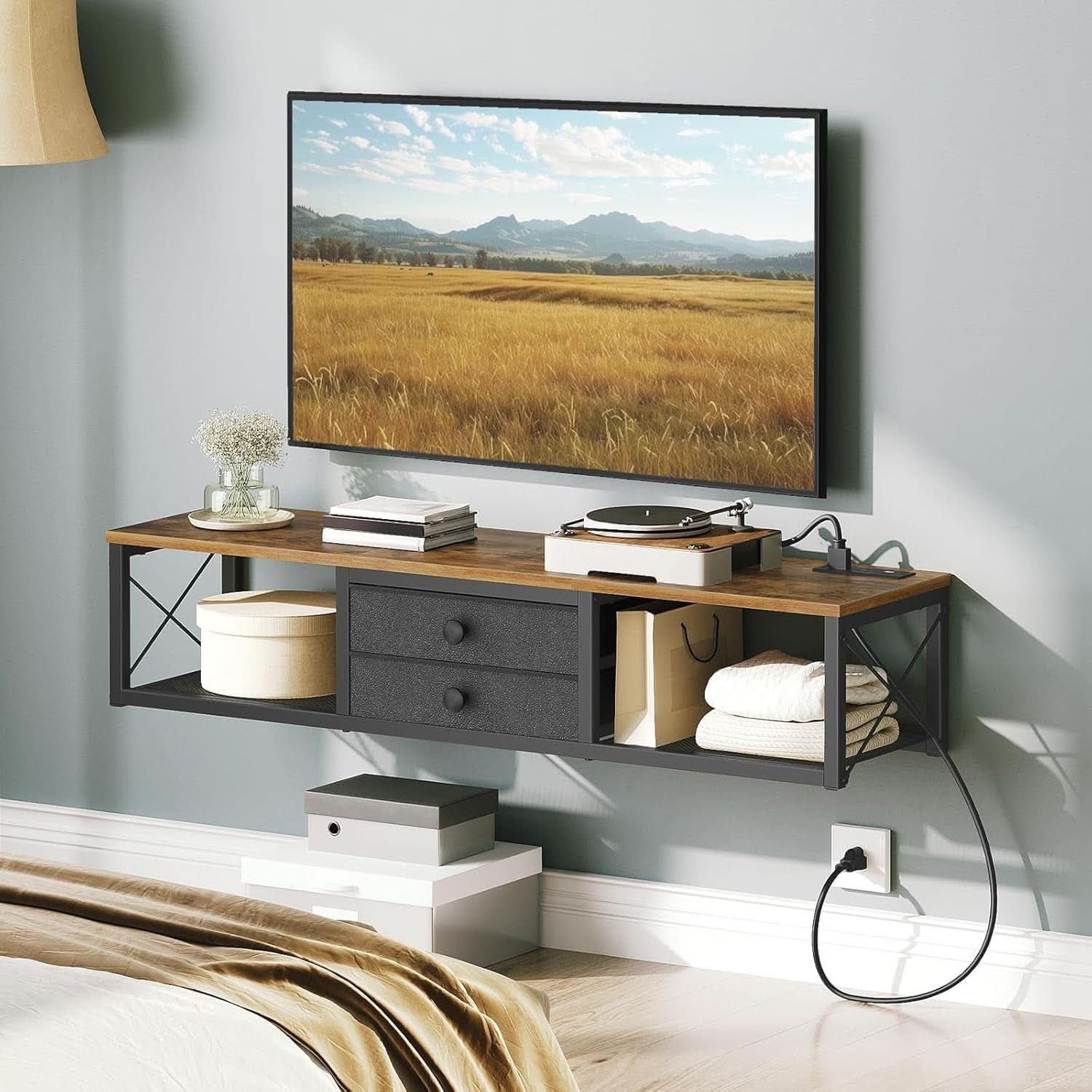 Rustic brown wall mounted TV stand with charging station, mesh shelves, and fabric drawers — view 3