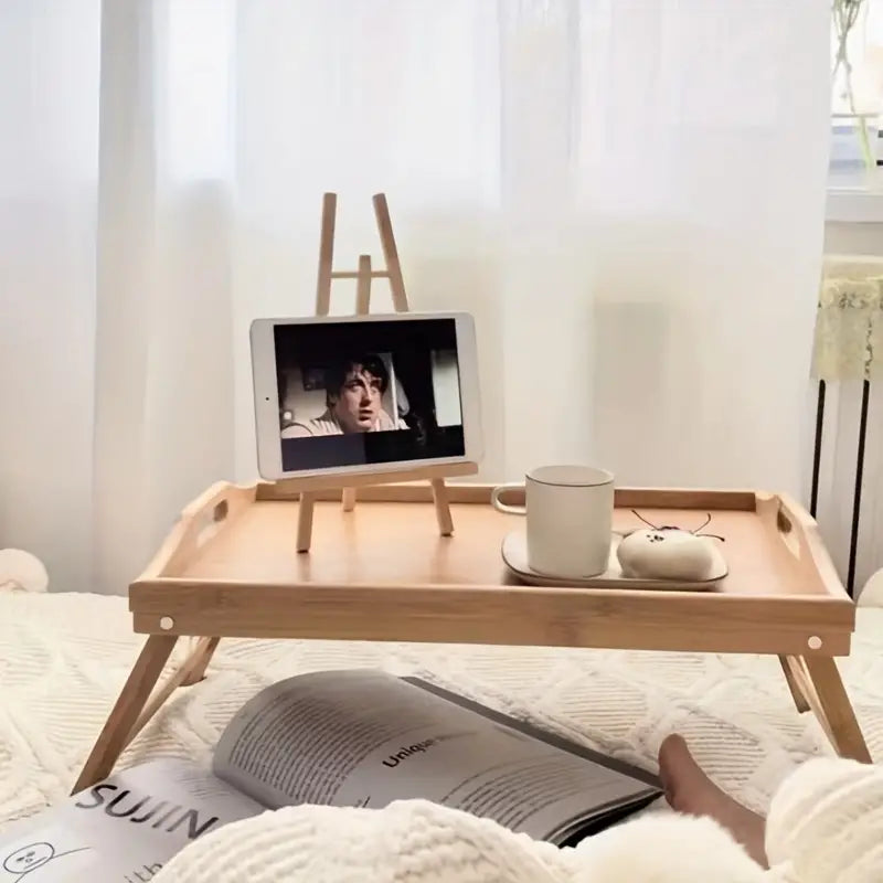 Natural bamboo laptop desk and foldable bed tray with adjustable legs and ergonomic handles — view 5