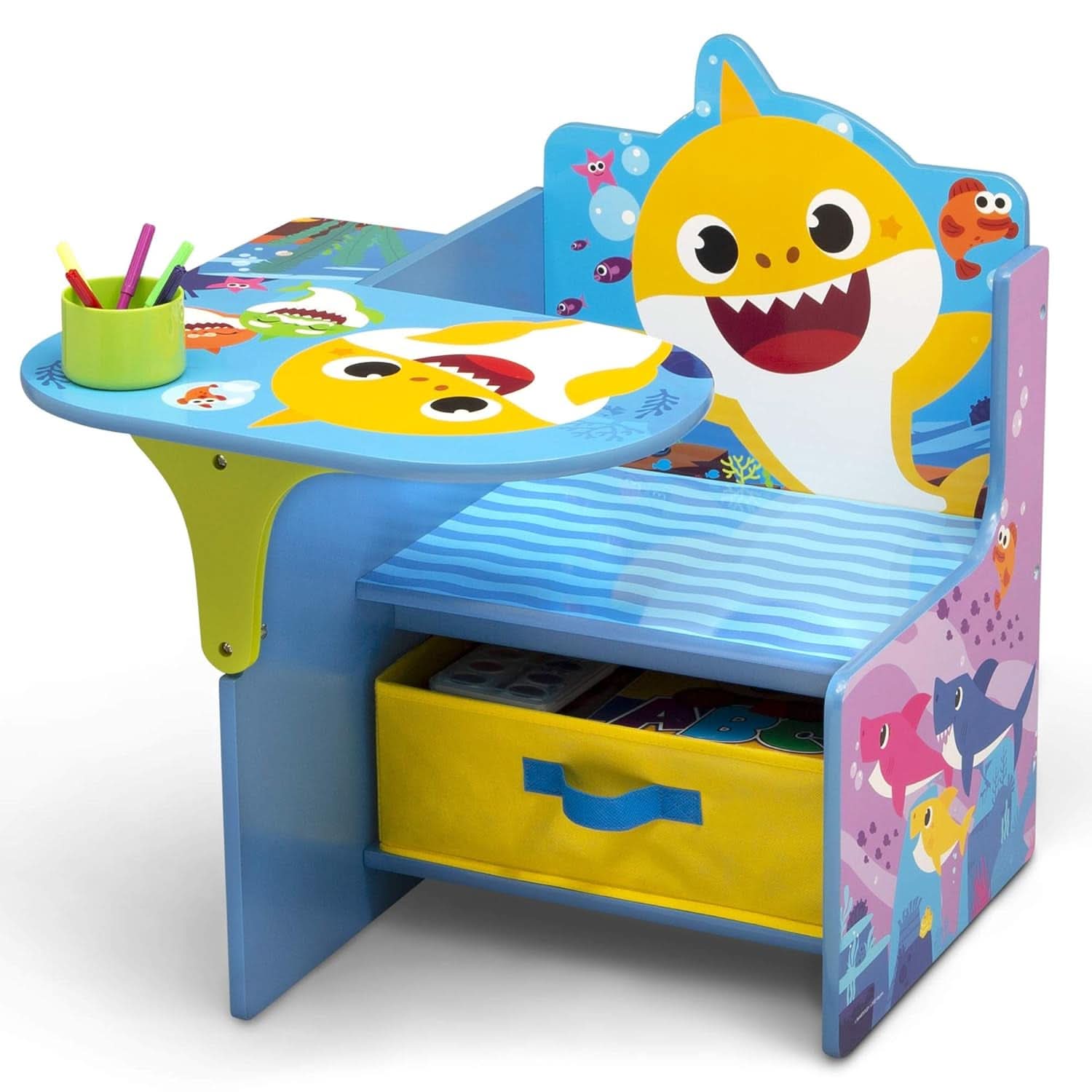 Baby Shark kids desk chair with storage bin, cup holder, and colorful underwater graphics. — view 3
