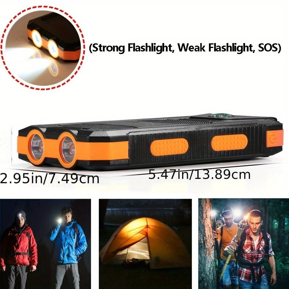 Orange 10000mAh portable solar power bank with dual USB ports and LED flashlight for outdoor camping. — view 2