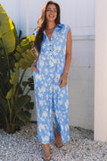 Stella floral wide leg jumpsuit in blue with half-button front and relaxed sleeveless fit