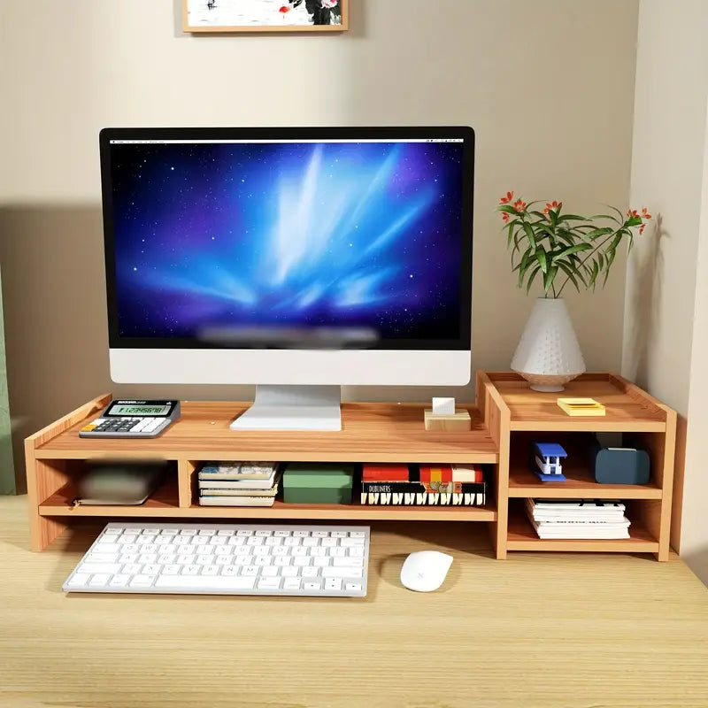 Natural wooden monitor stand and desktop organizer with compartments for office supplies and accessories — view 3