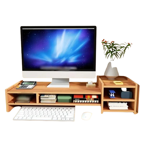 Natural wooden monitor stand and desktop organizer with compartments for office supplies and accessories — view 2