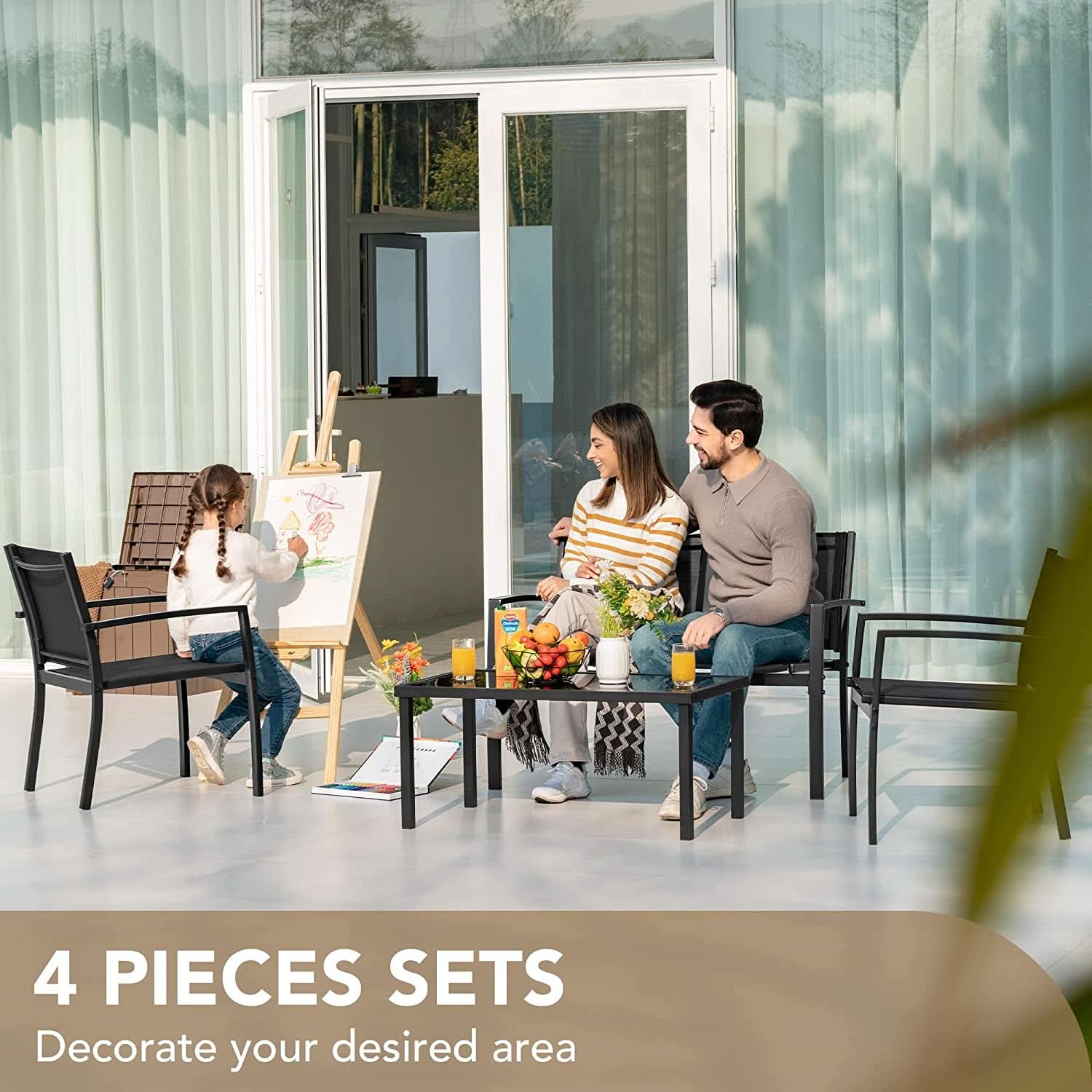 Black 4-piece outdoor patio furniture set with textilene chairs and tempered glass coffee table — view 2