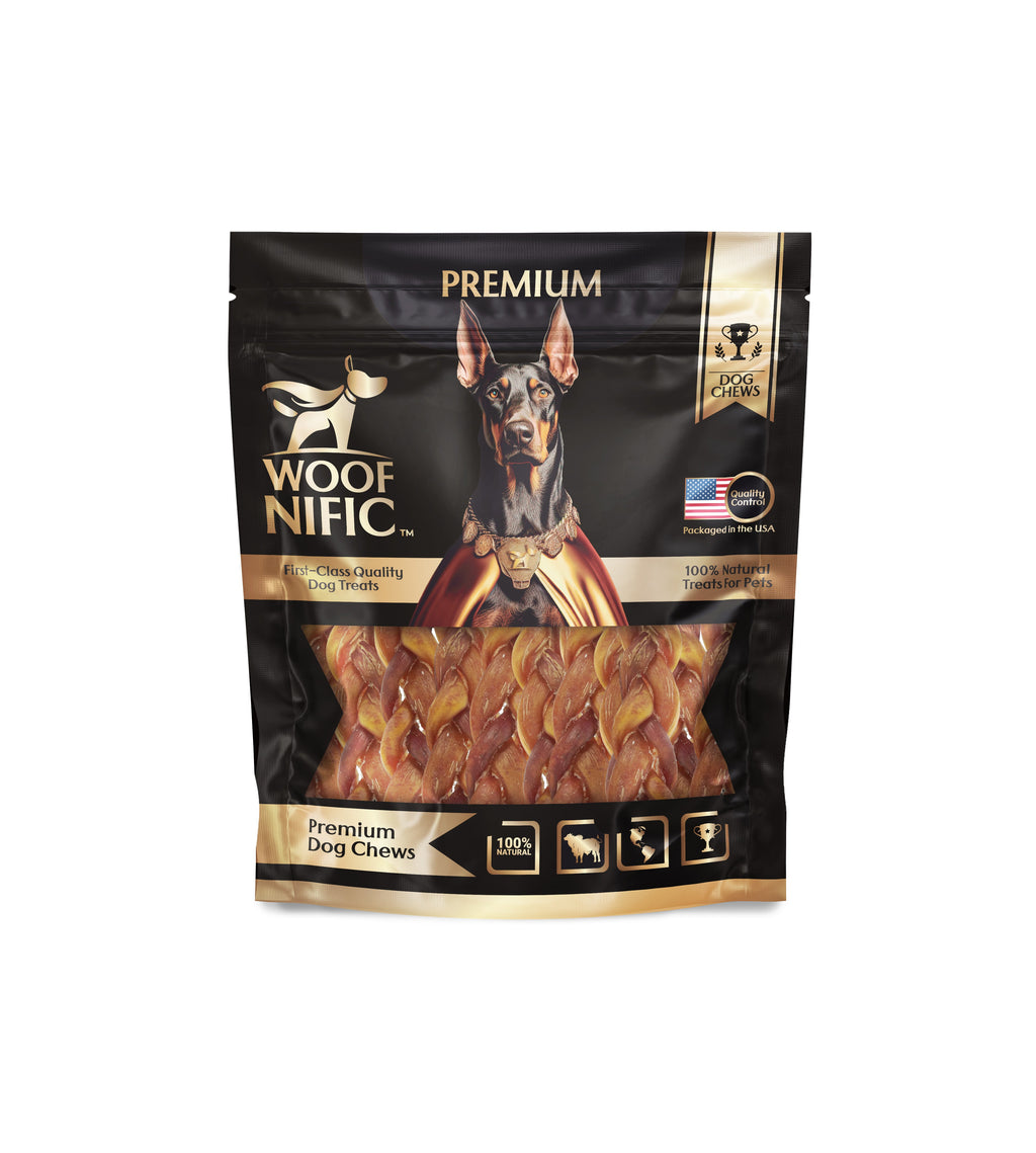 Braided beef collagen dog chews, six inch oven baked natural grass fed treats for large dogs