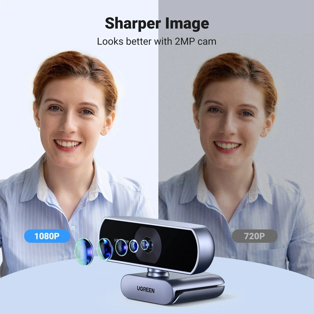 Black 1080P HD USB webcam with dual microphones clipped onto a computer monitor. — view 3