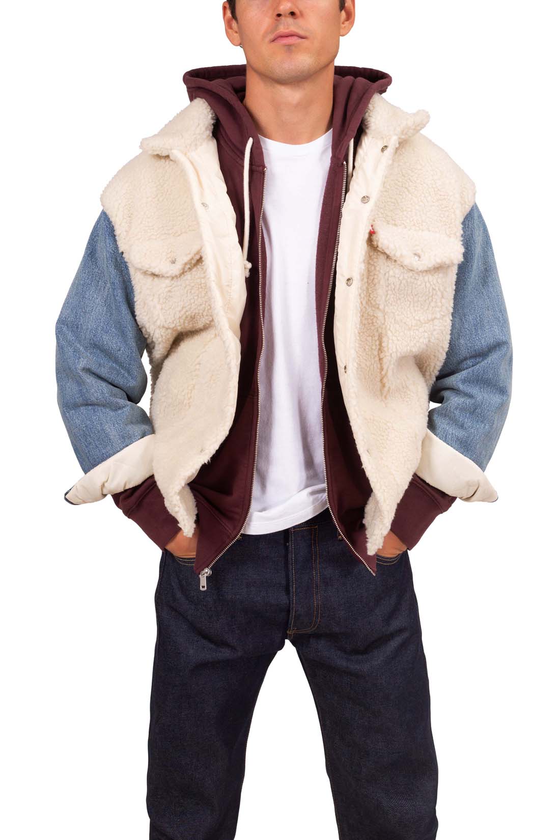 Men's colorblock jacket combining denim and fleece with snap buttons and front flap pockets — view 10