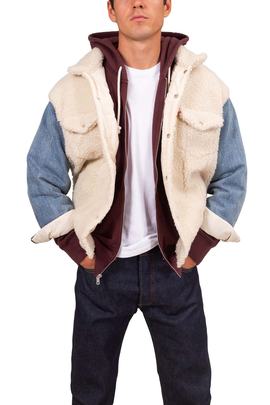 Men's colorblock jacket combining denim and fleece with snap buttons and front flap pockets — view 15