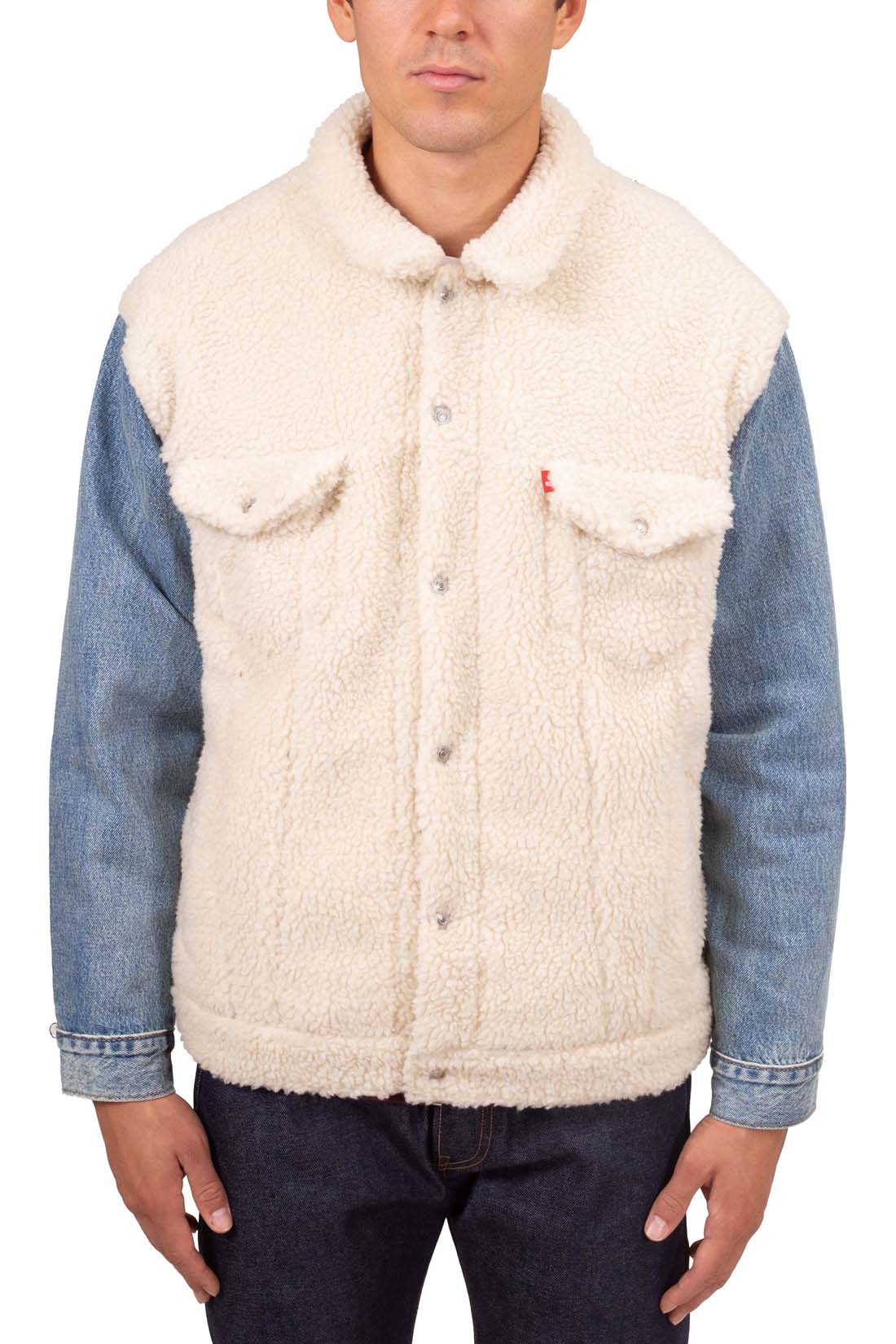 Men's colorblock jacket combining denim and fleece with snap buttons and front flap pockets — view 14