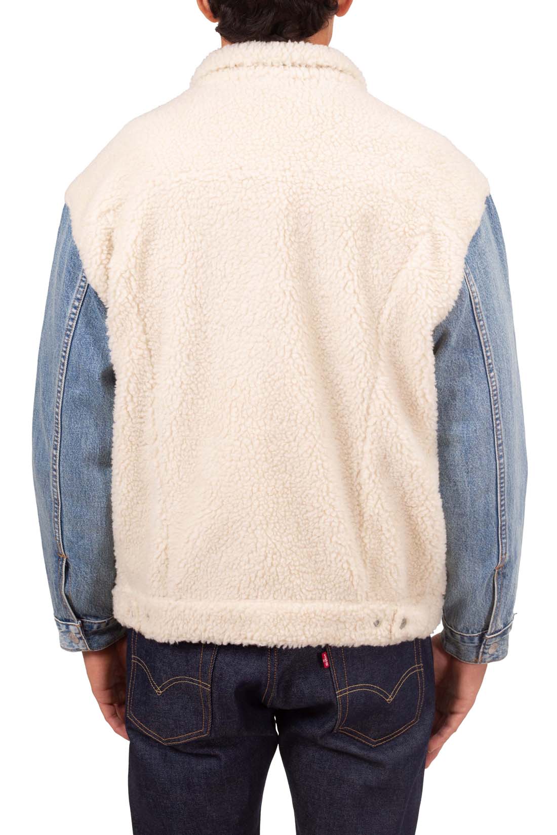 Men's colorblock jacket combining denim and fleece with snap buttons and front flap pockets — view 3
