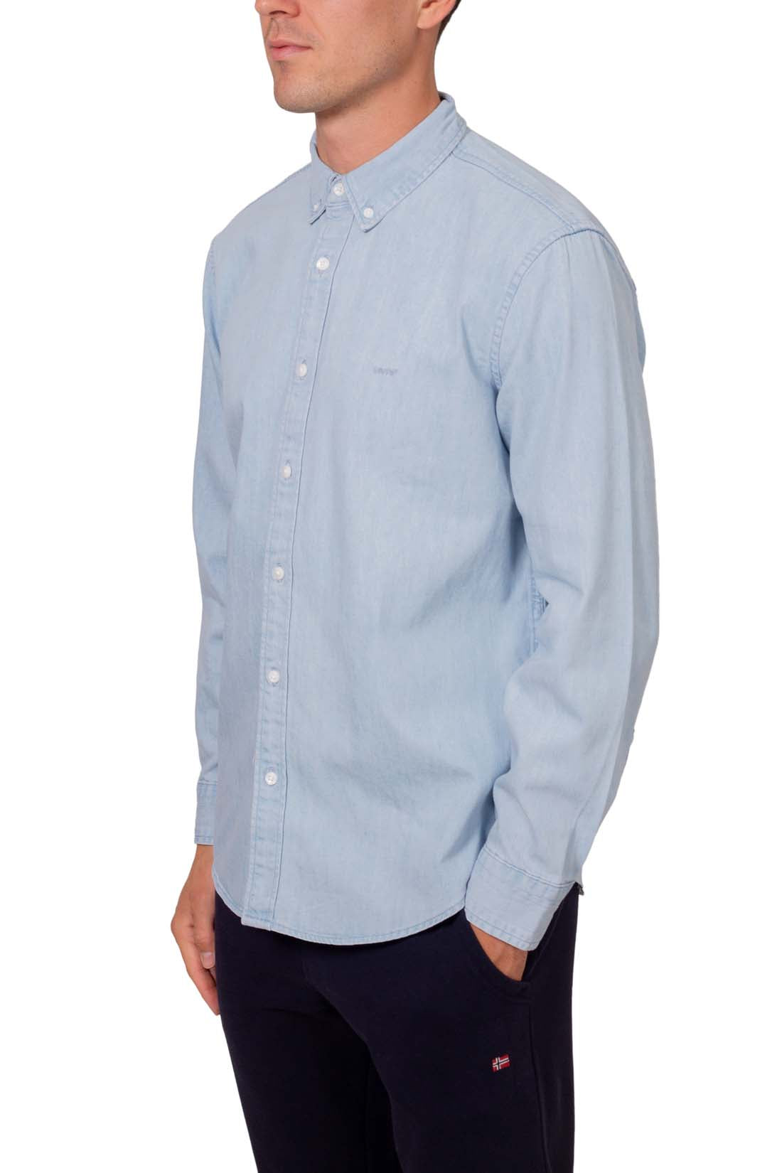 Men's light wash regular fit denim shirt with long sleeves and button down collar — view 10