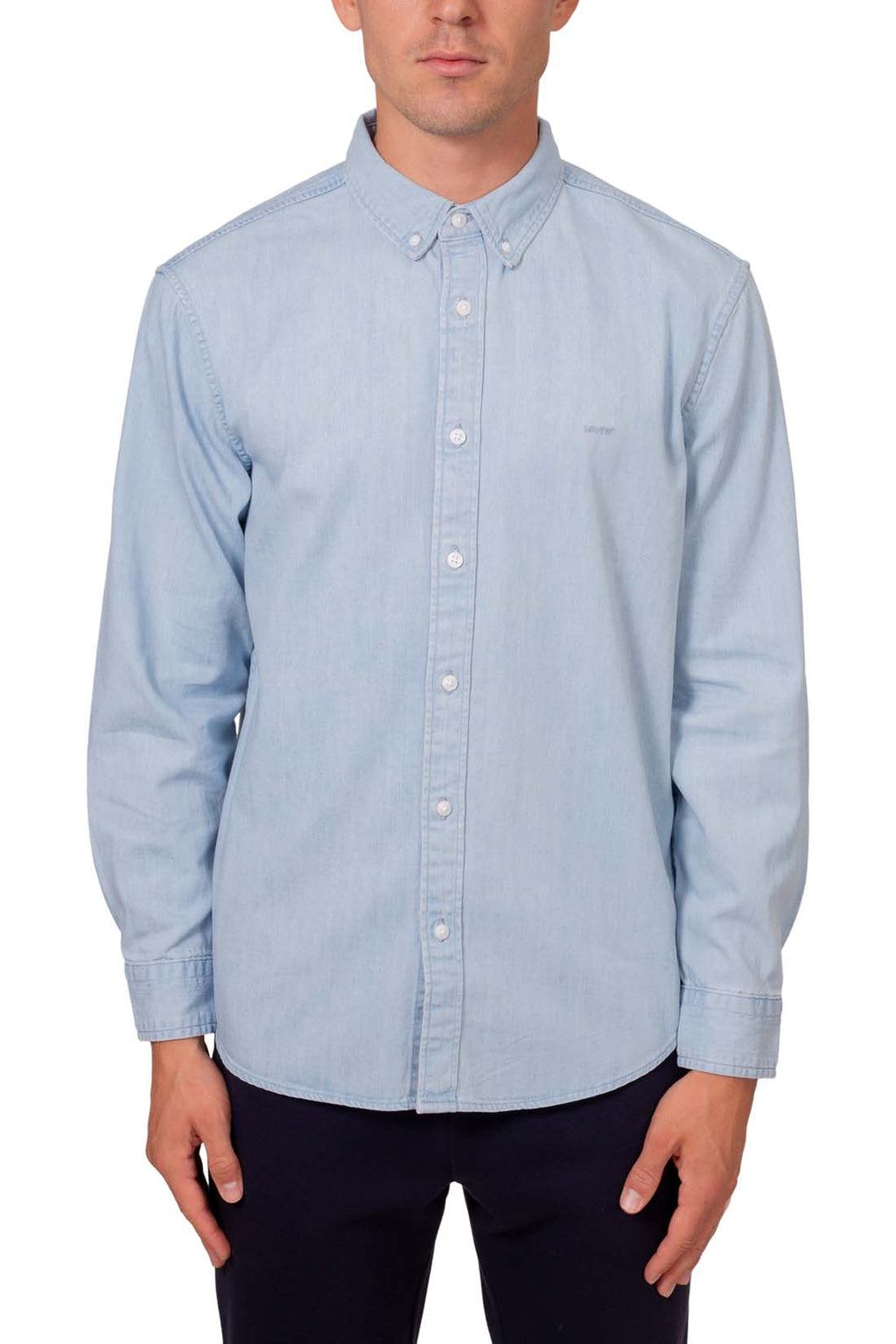 Men's light wash regular fit denim shirt with long sleeves and button down collar — view 8