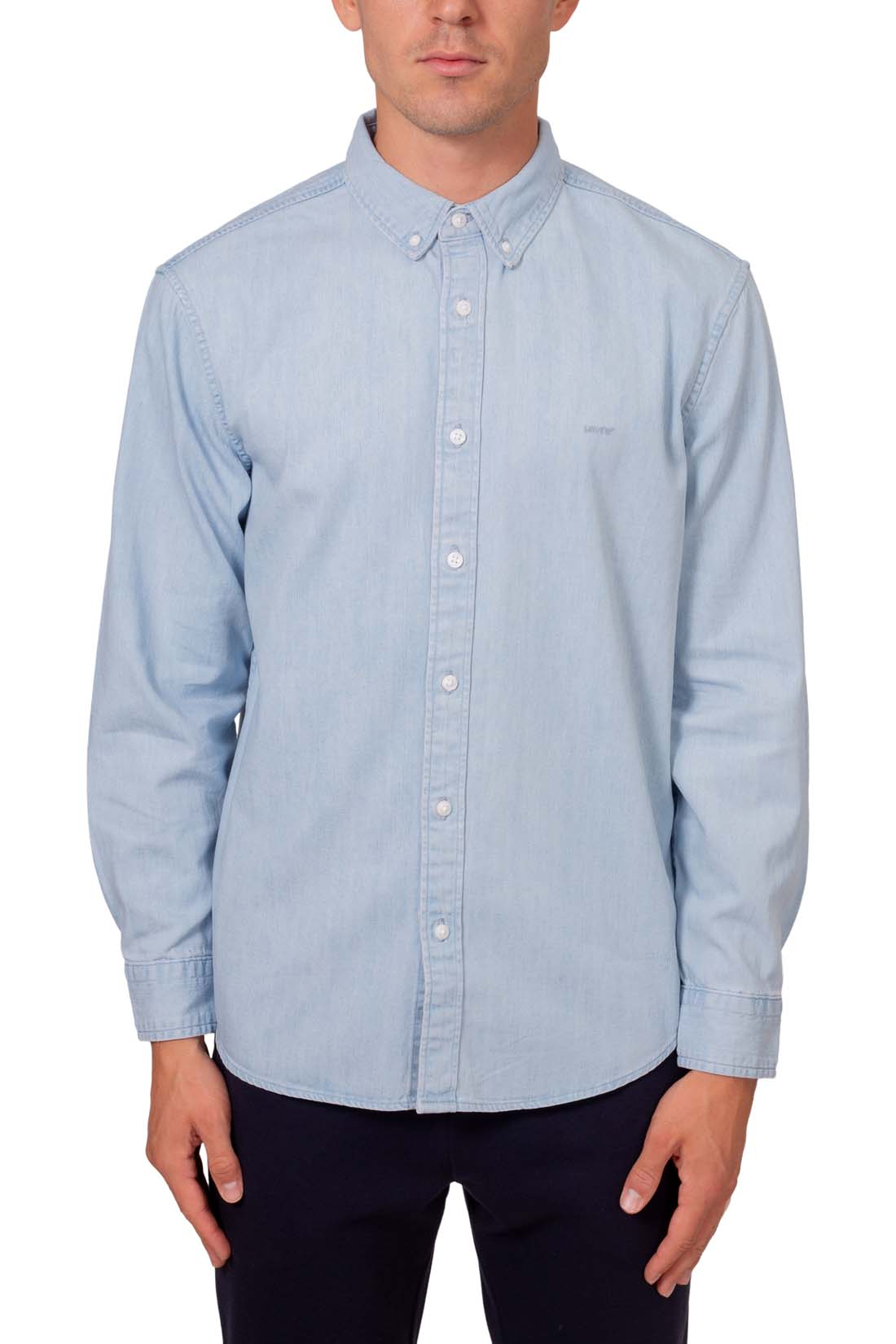 Men's light wash regular fit denim shirt with long sleeves and button down collar — view 8