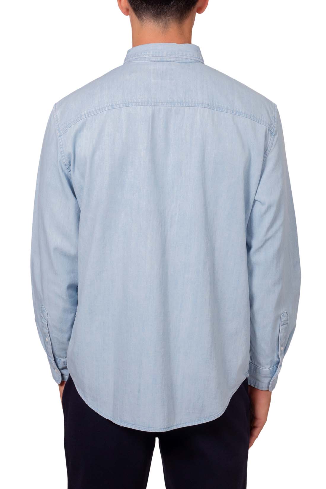 Men's light wash regular fit denim shirt with long sleeves and button down collar — view 3