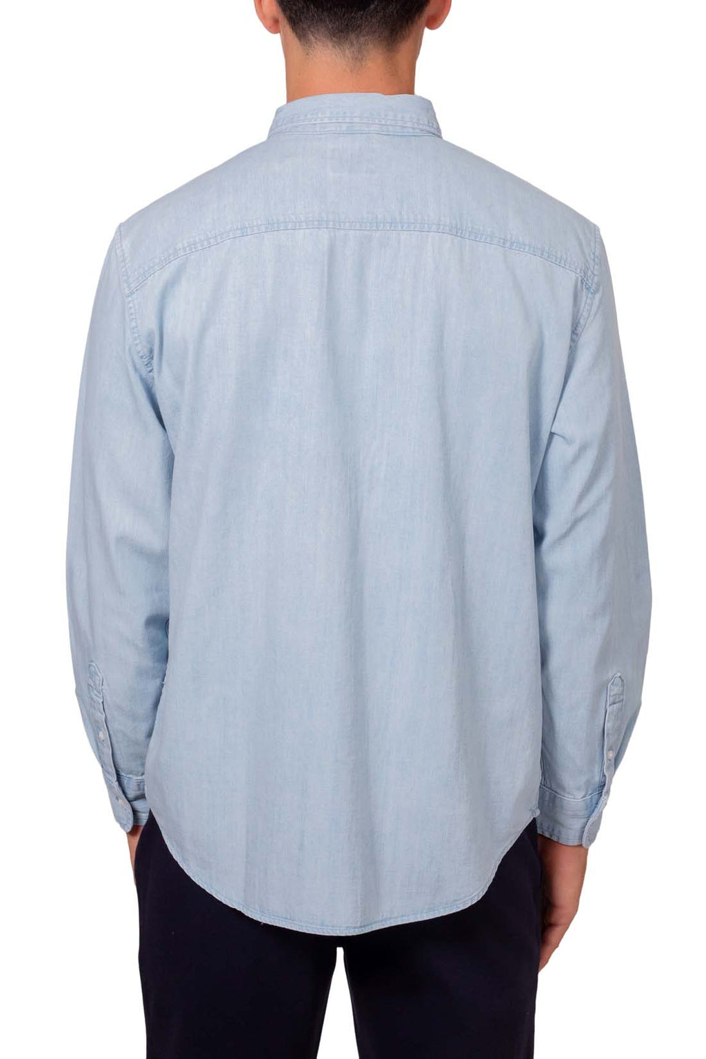 Men's light wash regular fit denim shirt with long sleeves and button down collar — view 11