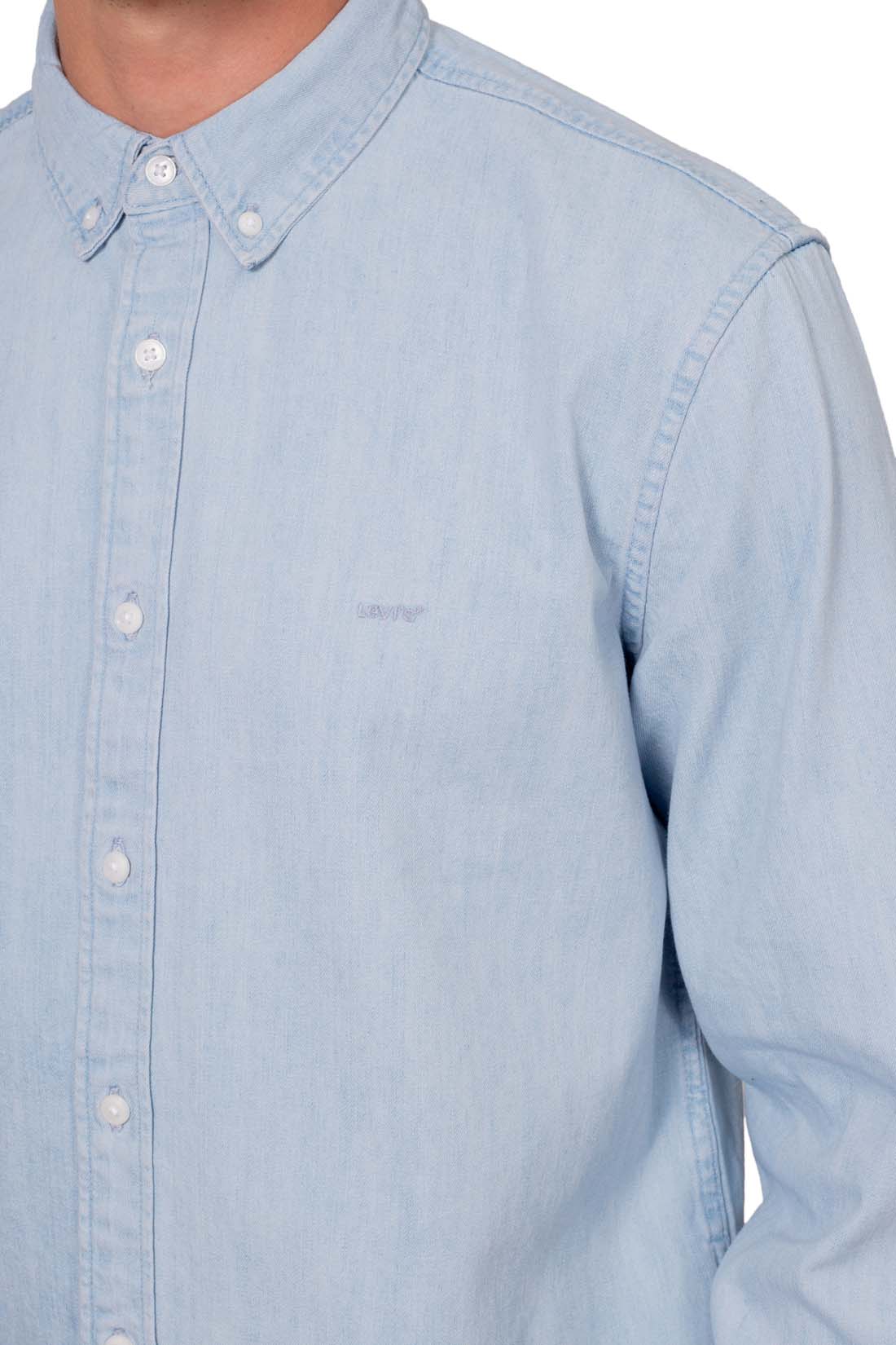 Men's light wash regular fit denim shirt with long sleeves and button down collar — view 5