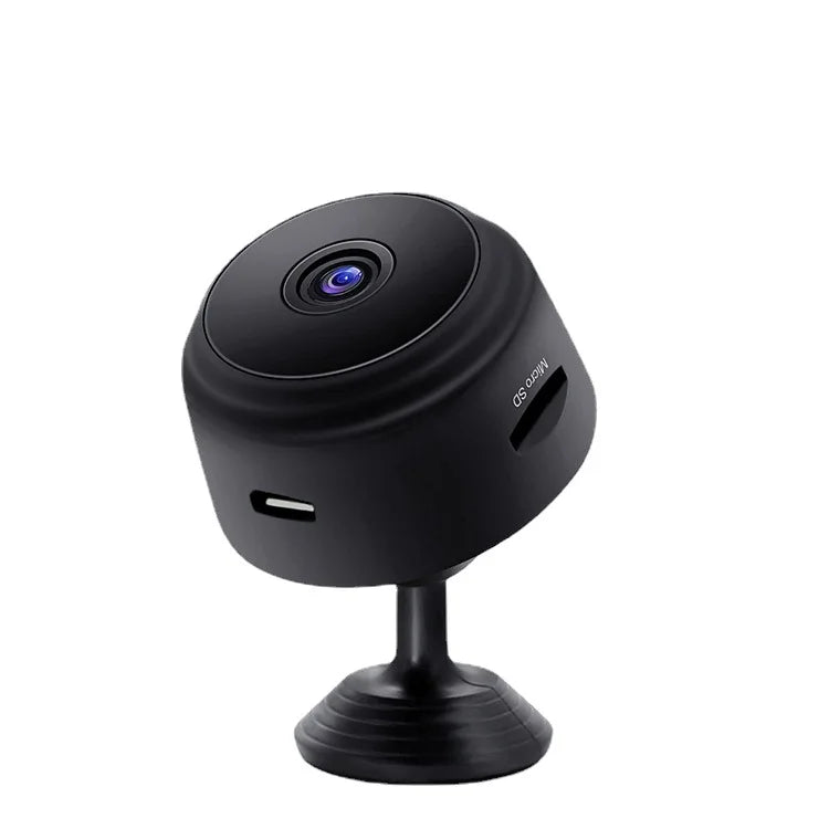 Black compact mini WiFi wireless security camera for indoor smart home monitoring